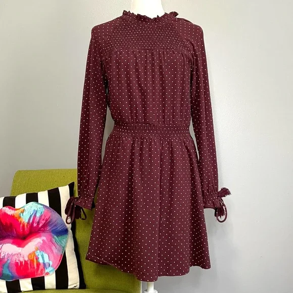 Topshop | Dresses | Topshop Burgundy Red White Polka Dot Smocked Long  Sleeve Dress 6 | Poshmark